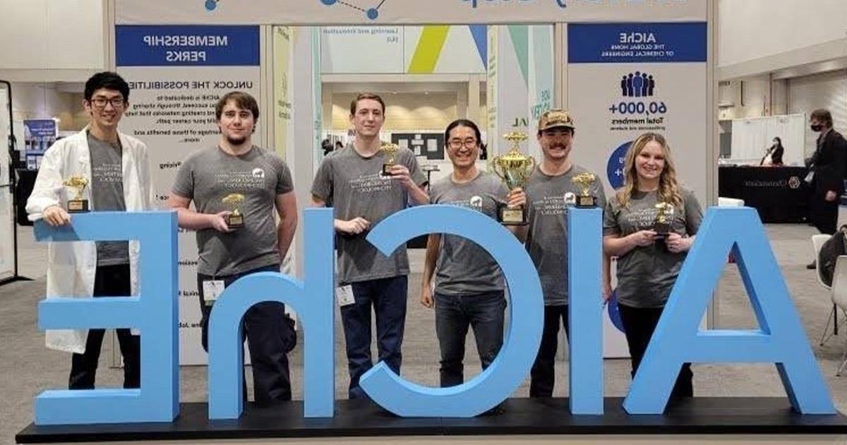 The UNA ChemE Car team poses with their trophies at the National ChemE Car Conference in Boston, Massachusetts.